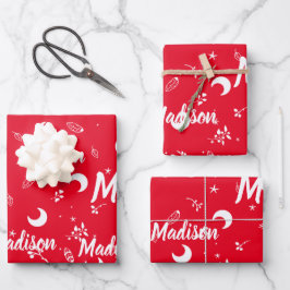 Personalisierter Name Whimsischer Weihnachtsmond D Geschenkpapier Set