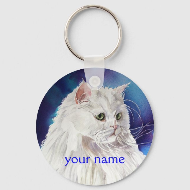 Personalisierter Name White Persian Cat Schlüssela Schlüsselanhänger (Vorderseite)