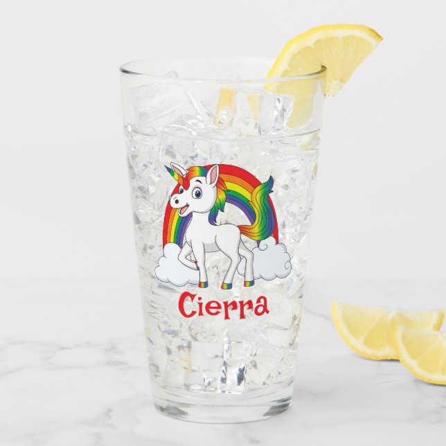 Personalisierter Name: White & Rainbow Unicorn Glas (Rückseite Ice)