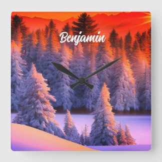 Personalisierter Name Winterwald Sonnenaufgang The Quadratische Wanduhr