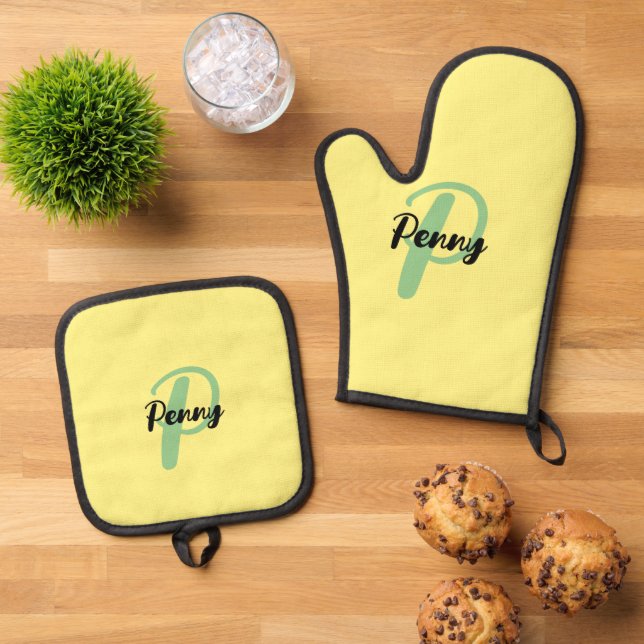 Personalisierter Name Yellow Oven Glove Ofenhandschuh & Topflappen-Set (Oben Unten)