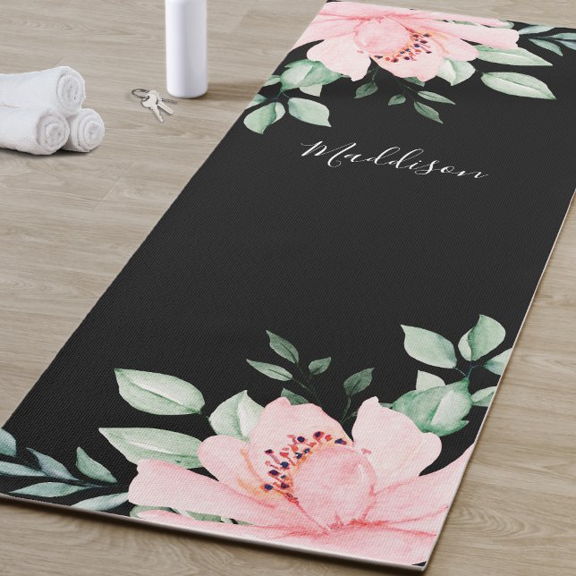 Personalisierter Name Yogamatte (Black And Pink Flower Yoga Mat)