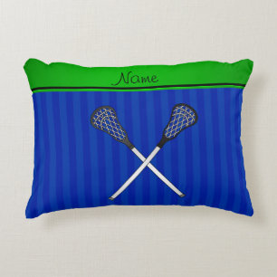 Personalisierter Namenslacrosse haftet blaue Zierkissen