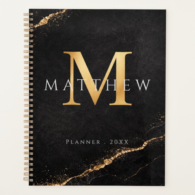 Personalisierter Namensmonogramm Golden Black Plan Planer (Vorderseite)
