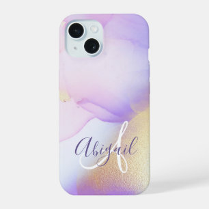 Personalisierter Namensmonogramm Lila Wasserfarbe iPhone 15 Hülle