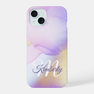 Personalisierter Namensmonogramm Lila Wasserfarbe iPhone 15 Hülle