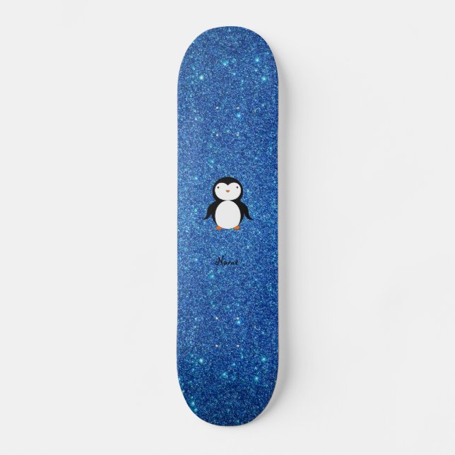 Personalisierter Namenspenguinblau-Glitter Skateboard (Vorderseite)