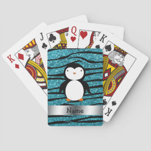 Personalisierter Namenspenguintürkis-Glitter Zebra Spielkarten