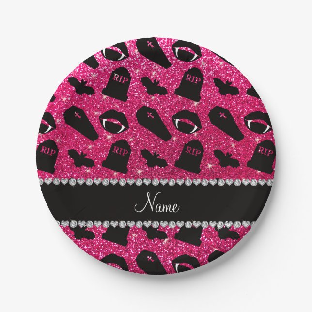 Personalisierter NamensRosenrosa-Glitter Vampire Pappteller (Vorderseite)