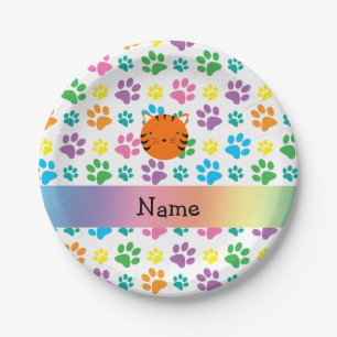 Personalisierter Namenstiger mit Regenbogenpfoten Pappteller
