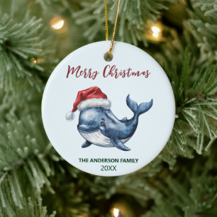 Personalisierter Nautikwal in der Weihnachtsmannmü Keramik Ornament