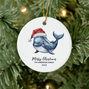 Personalisierter Nautikwal in der Weihnachtsmannmü Keramik Ornament