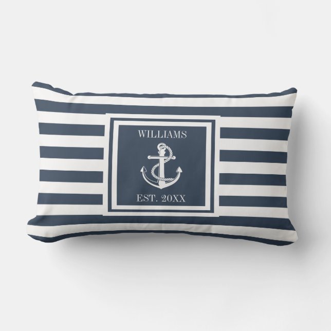 Personalisierter Navy Name Stripe Nautical Anker Kissen Für Draußen (Vorderseite)