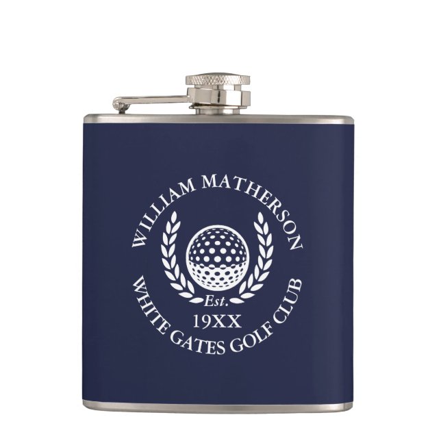 Personalisierter Navyblauer Golfclub-Name Flachmann (Vorderseite)