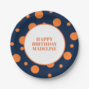 Personalisierter Navyblauer Orange Gepunkteter Geb Pappteller