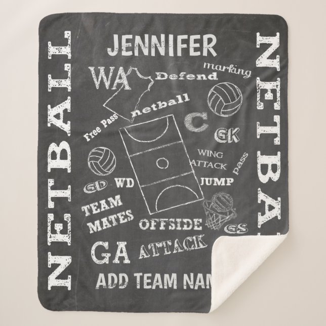 Personalisierter Netball-Chalkboard-Stil Sherpadecke (Vorderseite)