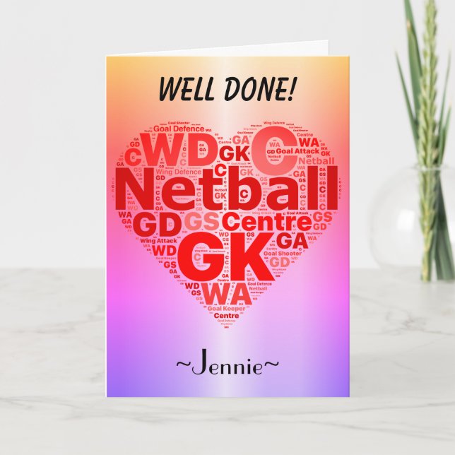 Personalisierter Netball-Positions-Herz-Entwurf Karte (Vorderseite)