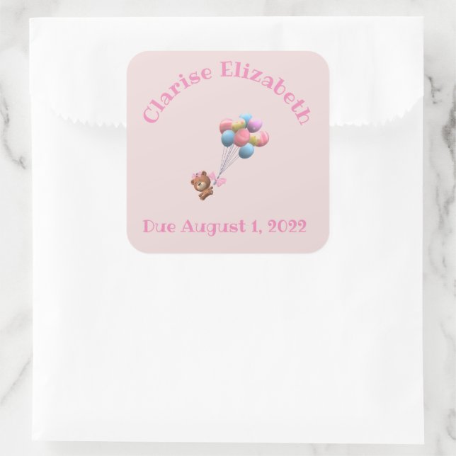 Personalisierter Niedlicher Bär und Balloons Quadratischer Aufkleber (Tasche)