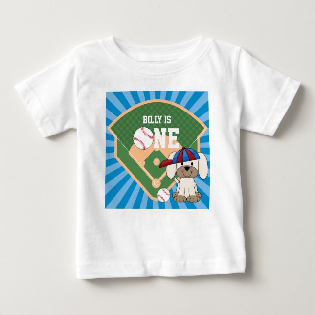 Personalisierter Niedlicher Baseball Welpenhund 1. Baby T-shirt (Vorderseite)