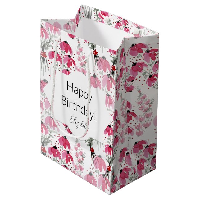 Personalisierter Niedlicher Boho Pink Mittlere Geschenktüte (Vorderseite Schrägansicht)