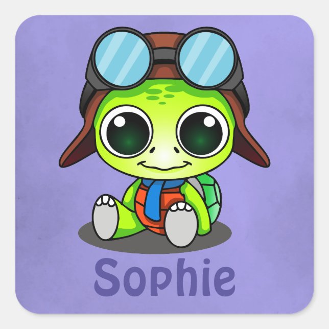 Personalisierter Niedlicher Chibi Cartoon Turtle Quadratischer Aufkleber (Vorderseite)