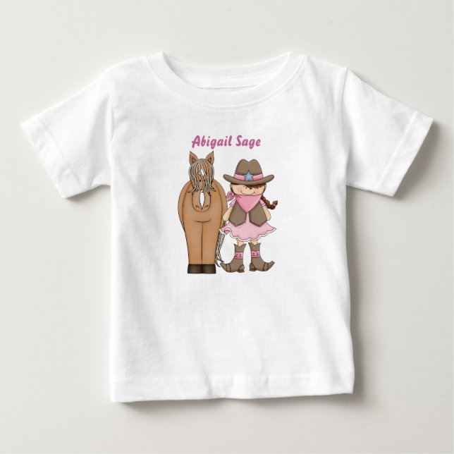 Personalisierter Niedlicher Cowgirl und Horse Baby T-shirt (Vorderseite)