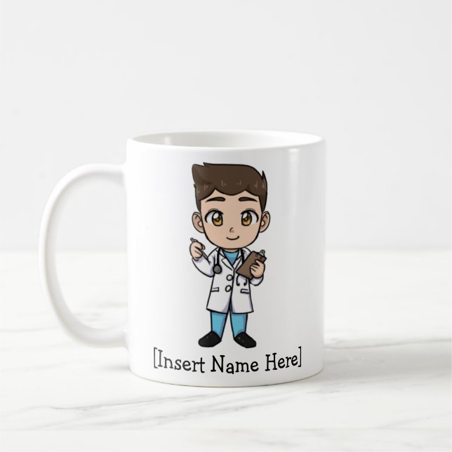 Personalisierter niedlicher Doktor, brünetter Mann Kaffeetasse (Links)
