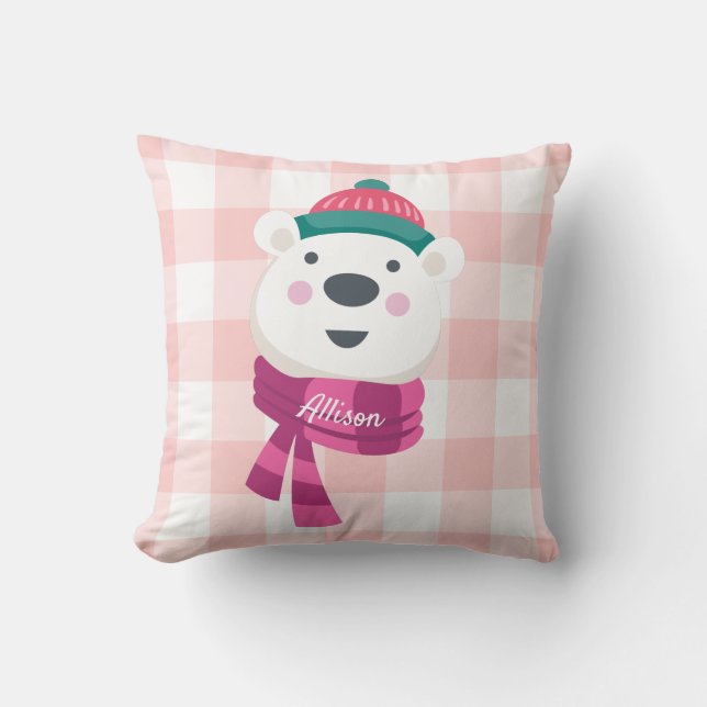 Personalisierter Niedlicher Eisbär Pink Gingham Ho Kissen (Vorderseite)