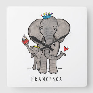 Personalisierter Niedlicher Elefant und Baby Quadratische Wanduhr