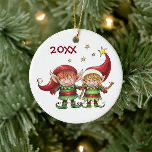 Personalisierter Niedlicher Elf Couple Urlaub Weih Keramik Ornament