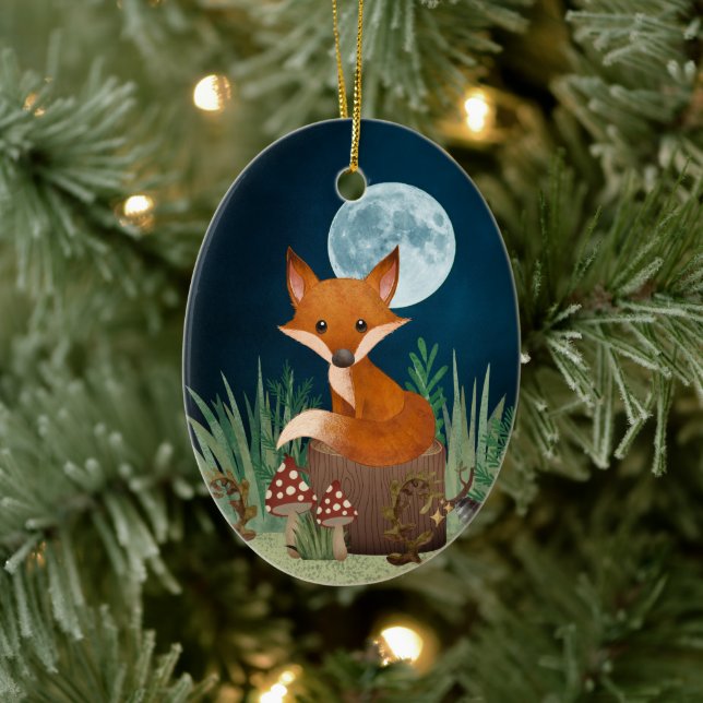 Personalisierter Niedlicher Fox und Vollmond Weihn Keramik Ornament (Baum)