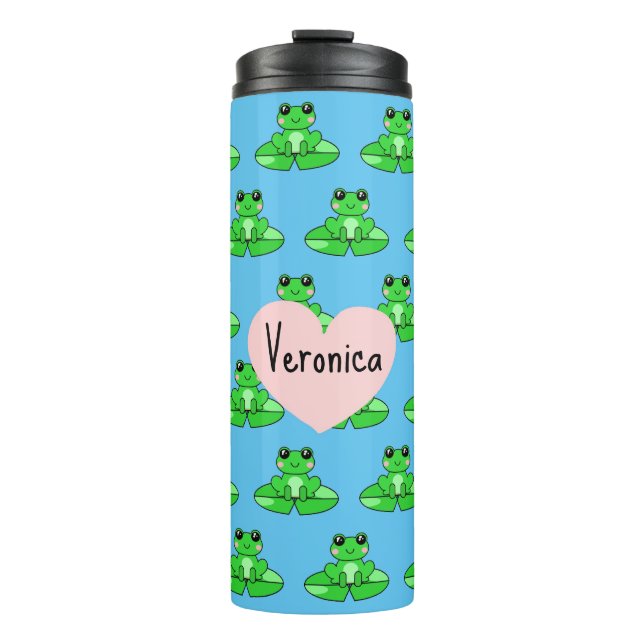 Personalisierter Niedlicher Frosch | Name im Herze Thermosbecher (Vorderseite)