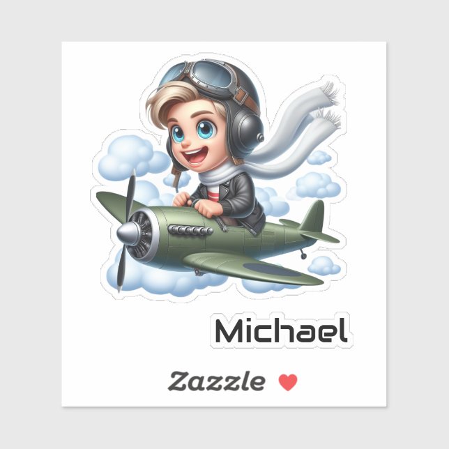 Personalisierter Niedlicher Junge fliegt Flugzeugs Aufkleber (Blatt)