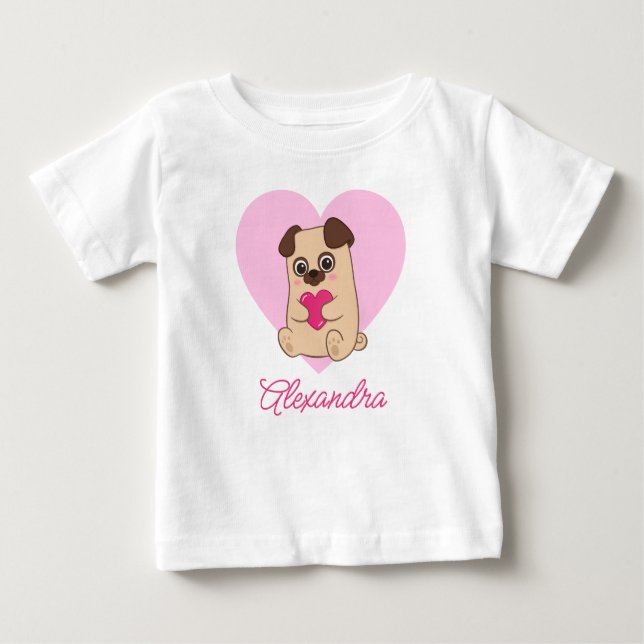 Personalisierter Niedlicher Kawaii Rosa Mops Name Baby T-shirt (Vorderseite)
