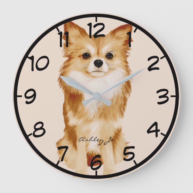 Personalisierter Niedlicher Papillon Dog Watercolo Große Wanduhr (Vorderseite)
