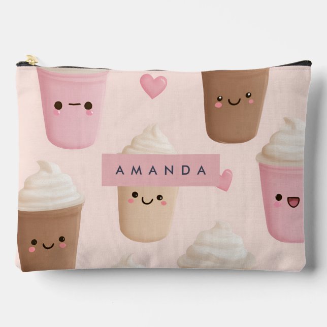 Personalisierter Niedlicher Pink Kawaii-Kaffeecup Zubehörtasche (Vorderseite)