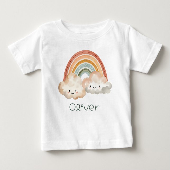Personalisierter Niedlicher Regenbogen und Wolken  Baby T-shirt (Vorderseite)