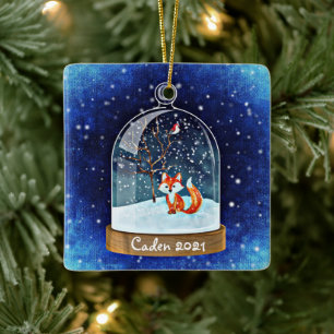 Personalisierter Niedlicher Rotfuchs in Snowglobe Keramikornament
