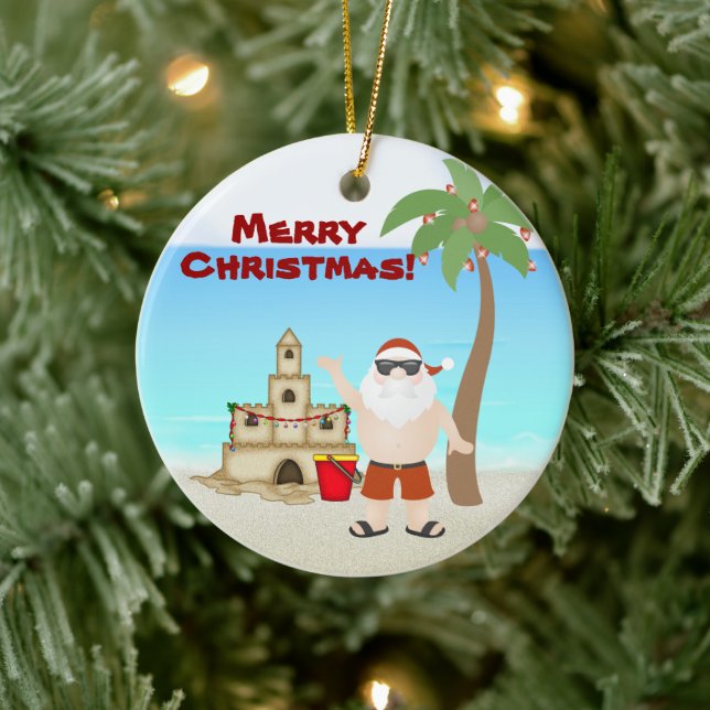 Personalisierter Niedlicher Santa Beach Frohe Weih Keramikornament (Baum)
