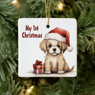 Personalisierter Niedlicher Santa Puppy Dog 1. Wei Keramikornament
