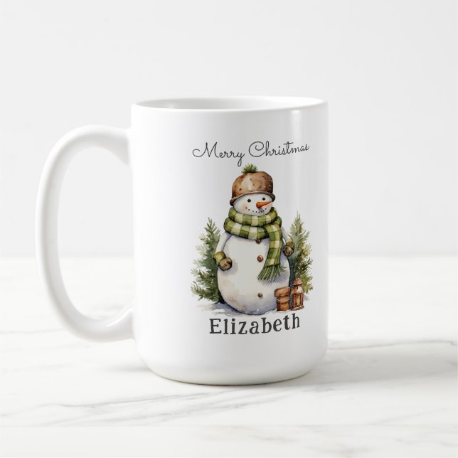 Personalisierter Niedlicher Snowman Watercolor Wei Kaffeetasse (Links)