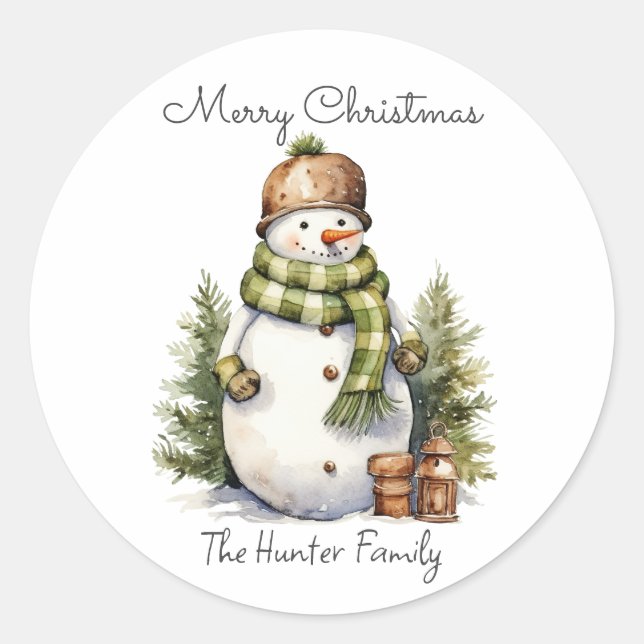 Personalisierter Niedlicher Snowman Watercolor Wei Runder Aufkleber (Vorderseite)