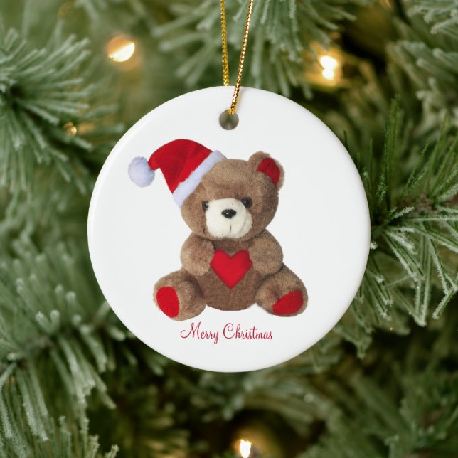 Personalisierter Niedlicher Teddybär auf Weiß Keramik Ornament (Baum)