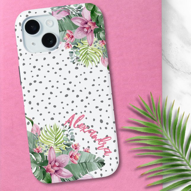 Personalisierter Niedlicher tropischer Name Case-Mate iPhone Hülle (Cute Trendy Watercolor Leaves Floral Tropical Case-Mate iPhone Case)
