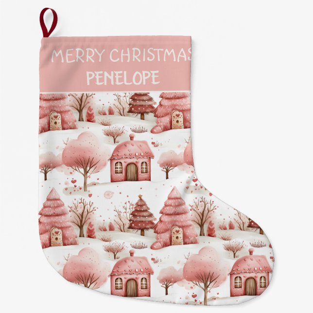 Personalisierter Niedlicher Whimsischer Pink Winte Großer Weihnachtsstrumpf (Vorderseite)