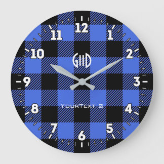 Personalisierter Northern Spirit Blue Karo Kariert Große Wanduhr