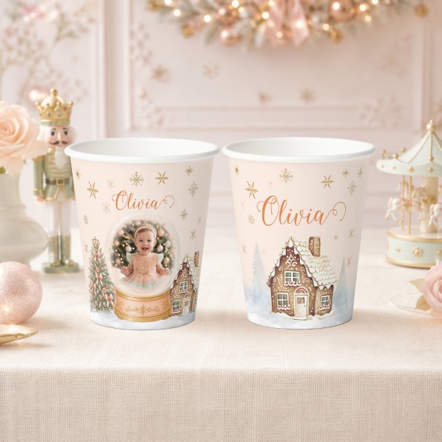 Personalisierter Nussknacker-Foto-Schneeball-Gebur Pappbecher (Personalized Nutcracker Photo Snow Globe Birthday Paper Cups - Front and Back)