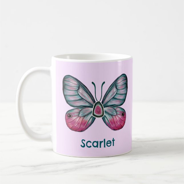 Personalisierter Oktober Pink Glasswing Butterfly  Kaffeetasse (Links)