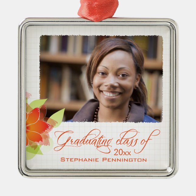 Personalisierter orange BlumenFoto-Abschluss Silbernes Ornament (Vorne)