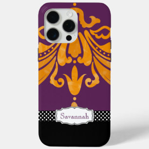 Personalisierter Orange Mandarine Aubergine Damast iPhone 15 Pro Max Hülle